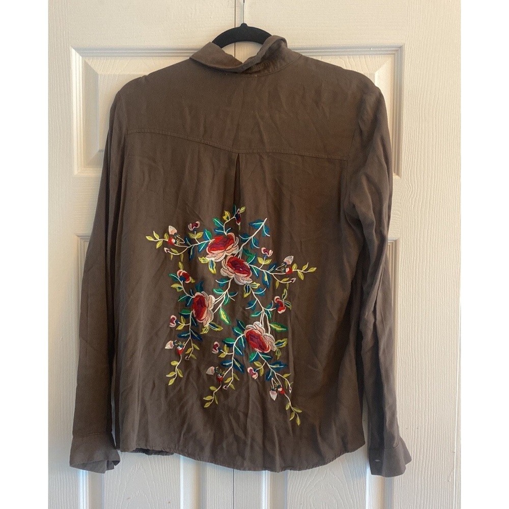 Entro Floral Embroidered Button Down Womens Size S Brown Boho Utility Shacket